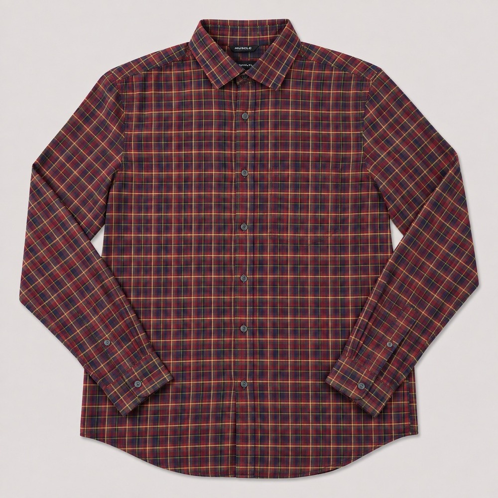 Murano Mens Large Slim Fit Plaid Button Up Shirt Red Brown Long Sleeve